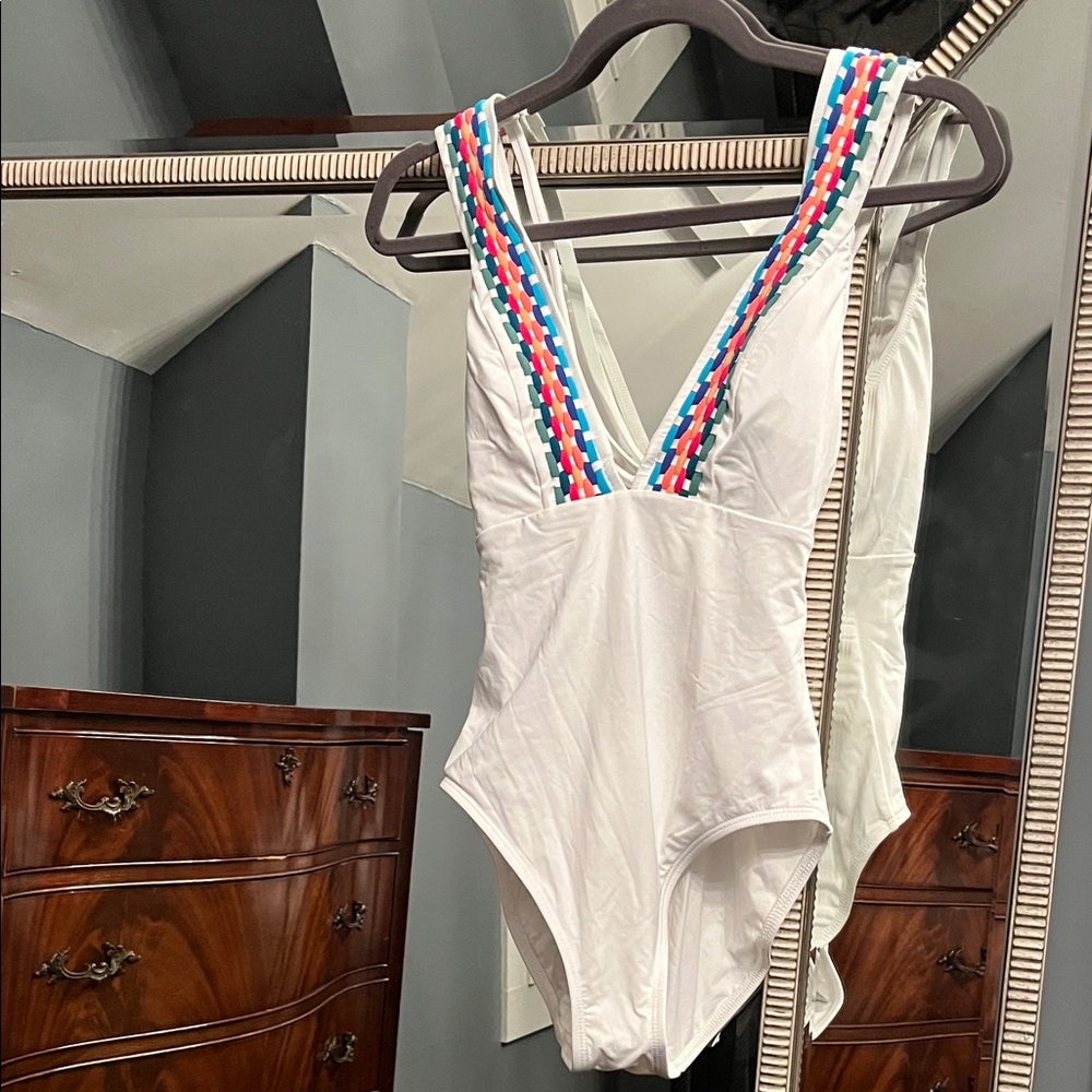 Girls White One-Piece Bodysuit with Multicolor Braided Straps